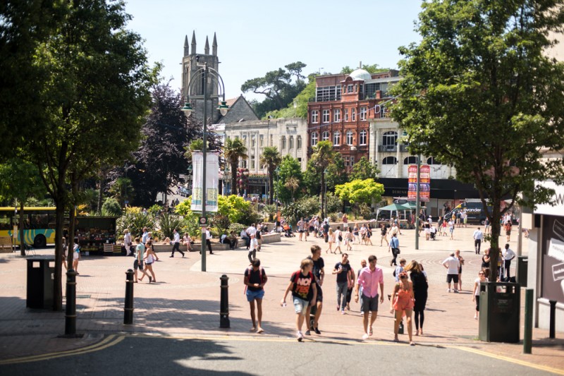 The square in the town centre, linking together different shopping areas, the Gardens, and the BH2 leisure complex Bournemouth town centre square