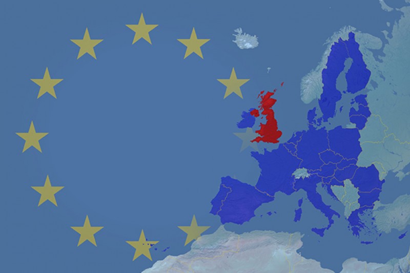 A map of Europe overlaid with EU stars, EU member countries in blue and Great Britain in red