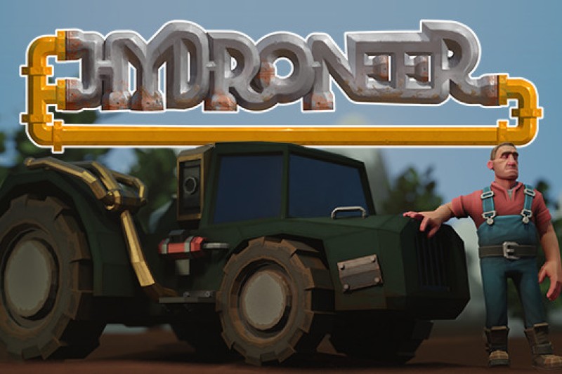 A computer-animated image of a large tractor with a man wearing dungarees and the word "Hydroneer" written at the top