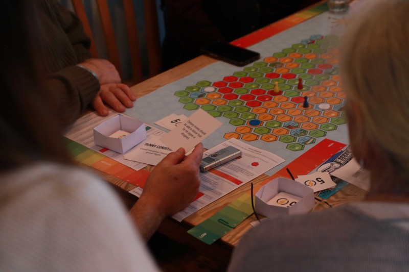 A group of people playing the drone board game
