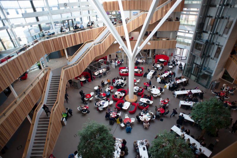 Inside the Fusion Building, which features 27 seminar rooms, three lecture theatres, research space, a 24-station PC laboratory, rooftop terraces and numerous catering facilities, topped with a glass-domed roof. The building has achieved an Energy Performance Certificate rating of A and BREEAM Excellent; it features a range of the latest technologies designed to reduce its environmental impact.