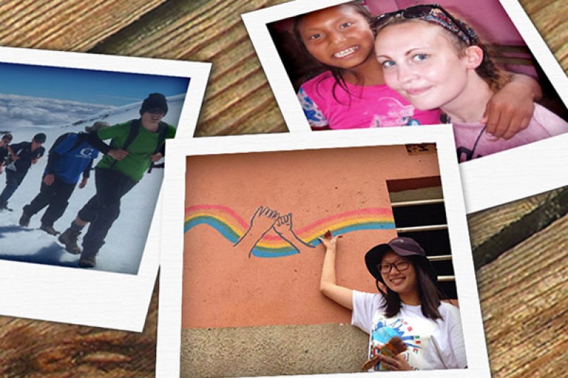 Polaroid pictures of students on global mobility activities on a wooden table