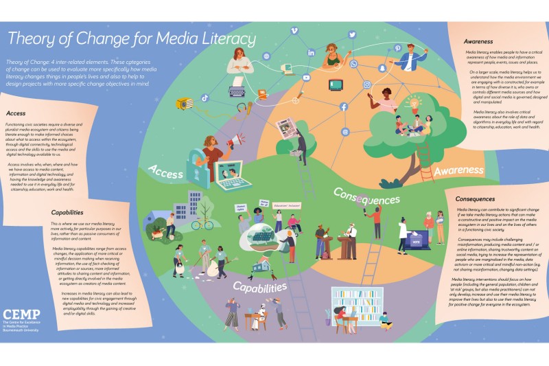 A diagram breaking up the theory of change into four elements - access, capabilities, awareness and consequences