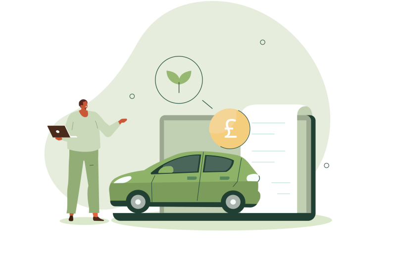 An illustration of a person next to a car with icons for a pound sign and a leaf 