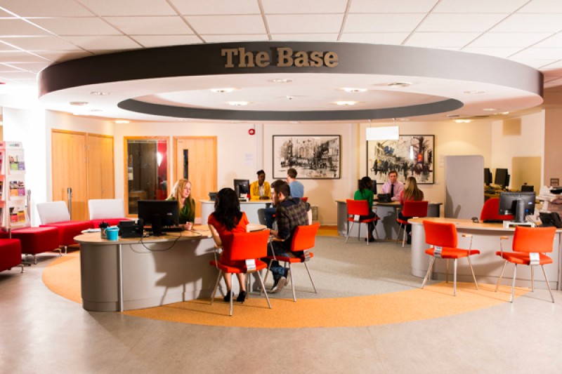 The Base on Talbot Campus, with AskBU consultants talking to students