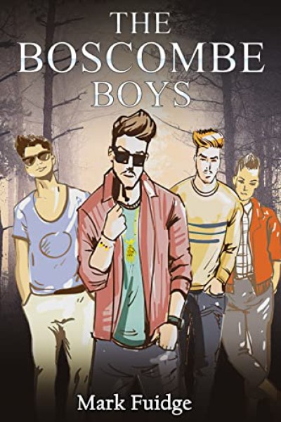 The cover of the novel, The Boscombe Boys, featuring an illustration of four young men