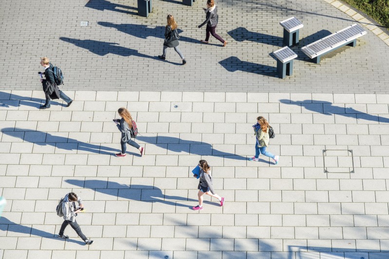 People walking across Talbot Campus on an Open Day